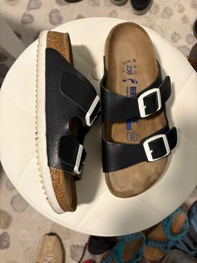 Birkenstock Black Leather Two-Strap Sandals with White Buckles